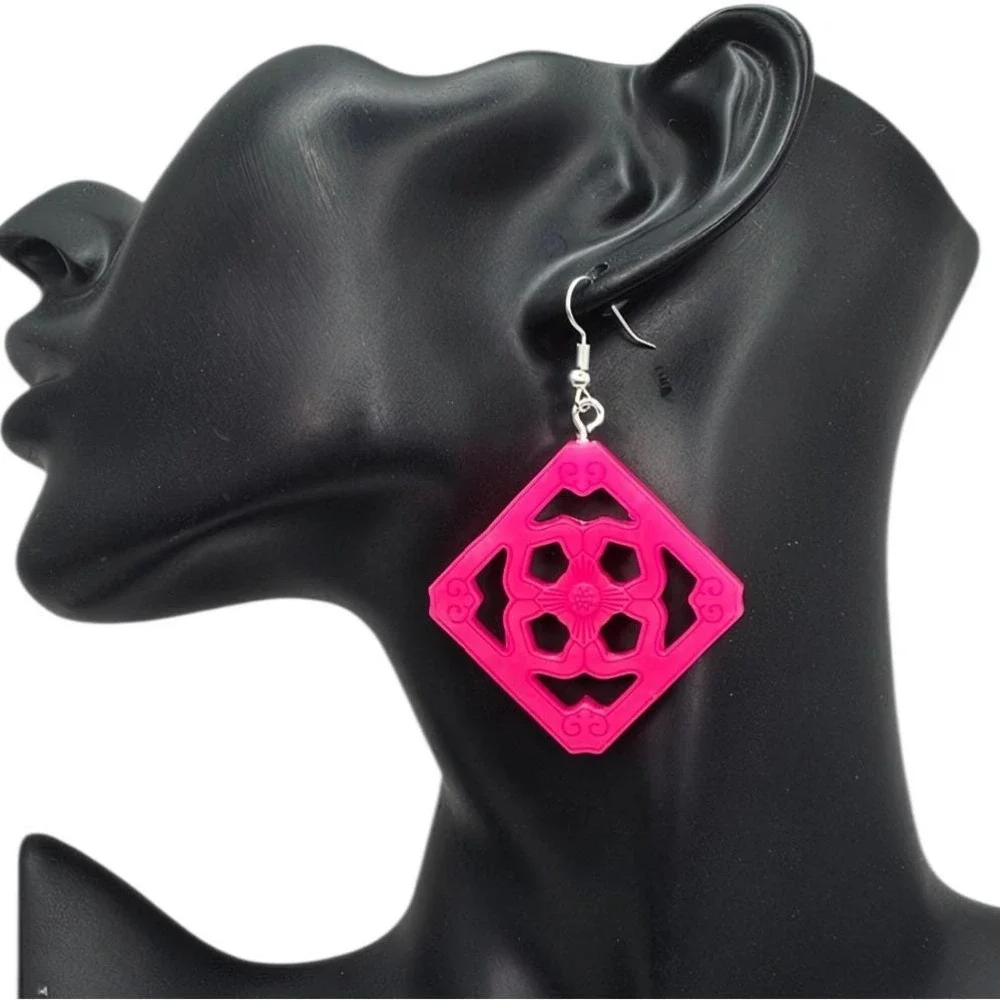 Handmade Jumbo Hot Magenta Pink Jade Tile Breezeway Dangle‎ Earrings Tiki Retro